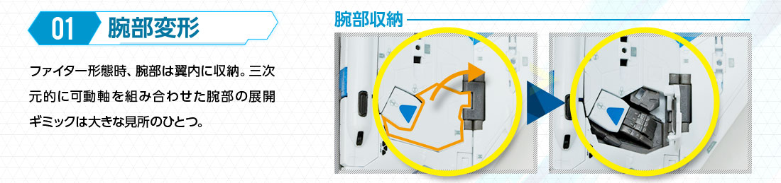 01 腕部変形 ファイター形態時、腕部は翼内に収納。三次元的に可動軸を組み合わせた腕部の展開ギミックは大きな見所のひとつ。